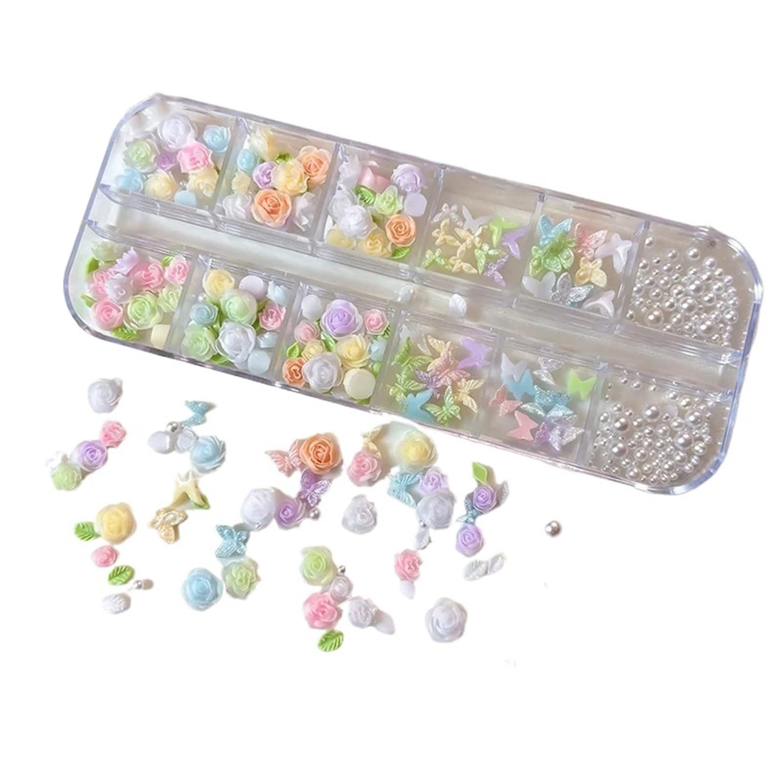 2 Boxes Nail Charms Resin Rose Butterfly Mixed Camellia Pearl Dopamine Spring Summer Art Decorations(12TZ-169)
