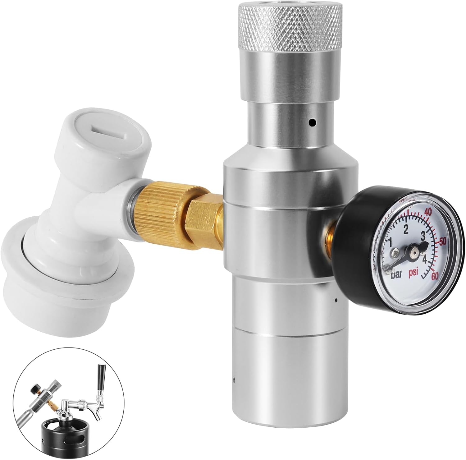 Upgrade Dual-Stage CO2 Regulator Mini Keg Regulator, 0-60PSI Portable Beer Keg Charger Regulator for Kegerator, CO2 Dispenser with 3/8" Thread Adapter & Gas Ball Lock Quick Disconnect for Homebrew