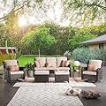 ovios Patio Furniture Set, 6 Piece Outdoor Wicker High Back Sofa with Swivel Rocking Chairs, Ottomans, Comfy Cushions, All Weather Conversation Set, Brown Rattan Beige