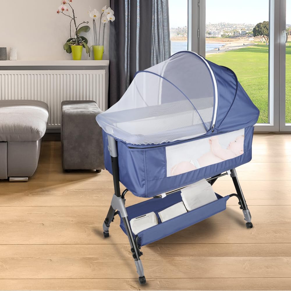 HUOLE Cuna para Recién Nacido, Sostenible, Compatible con Diferentes Camas, Altura Ajustable（4 Alturas）, Inclinable, Buena Circulación de Aire, Colchón Incluidos-104 * 52 * 100-110 cm-Azul Marino