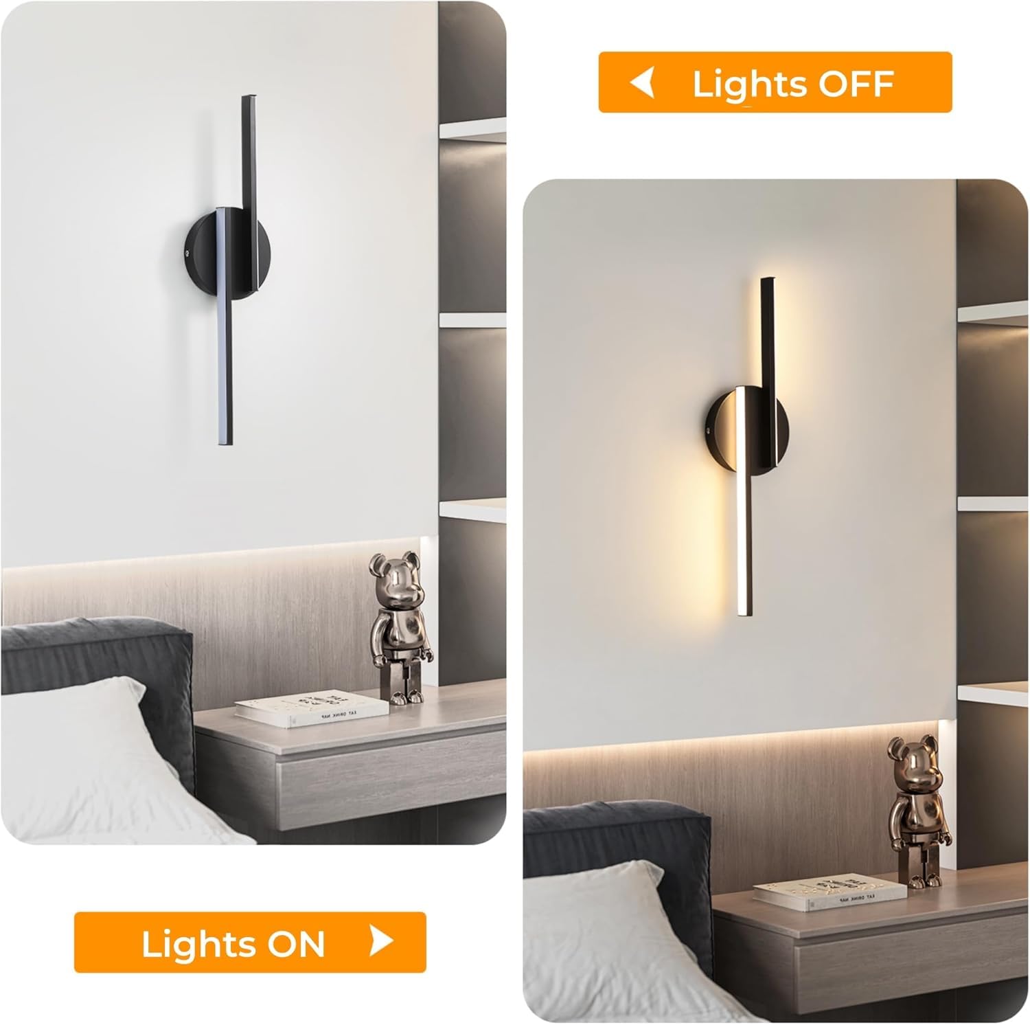 Applique da Parete Interno, 16W Lampada LED Moderno, 1800LM Lampada a Muro per Camera da Letto Soggiorno Corridoio Scale (Nera luce calda-confezione da 2)