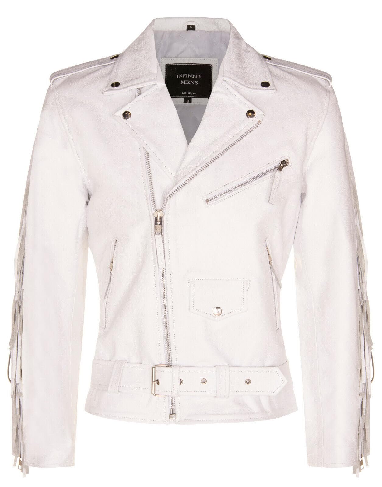 Mens White FRINGE Leather Biker Jacket Brando TASSELED Motorcycle Retro Cow Hide