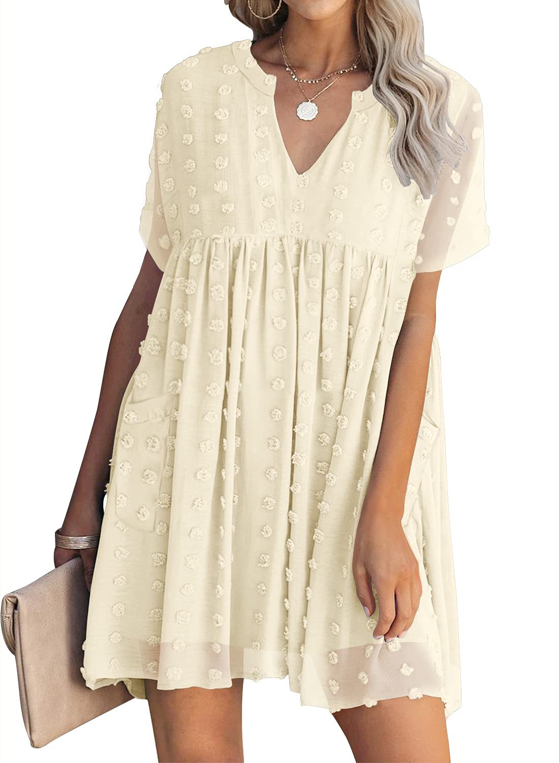 MIHOLL Women's V Neck Short Sleeve Ruffle Loose Summer Flowy Mini Dress