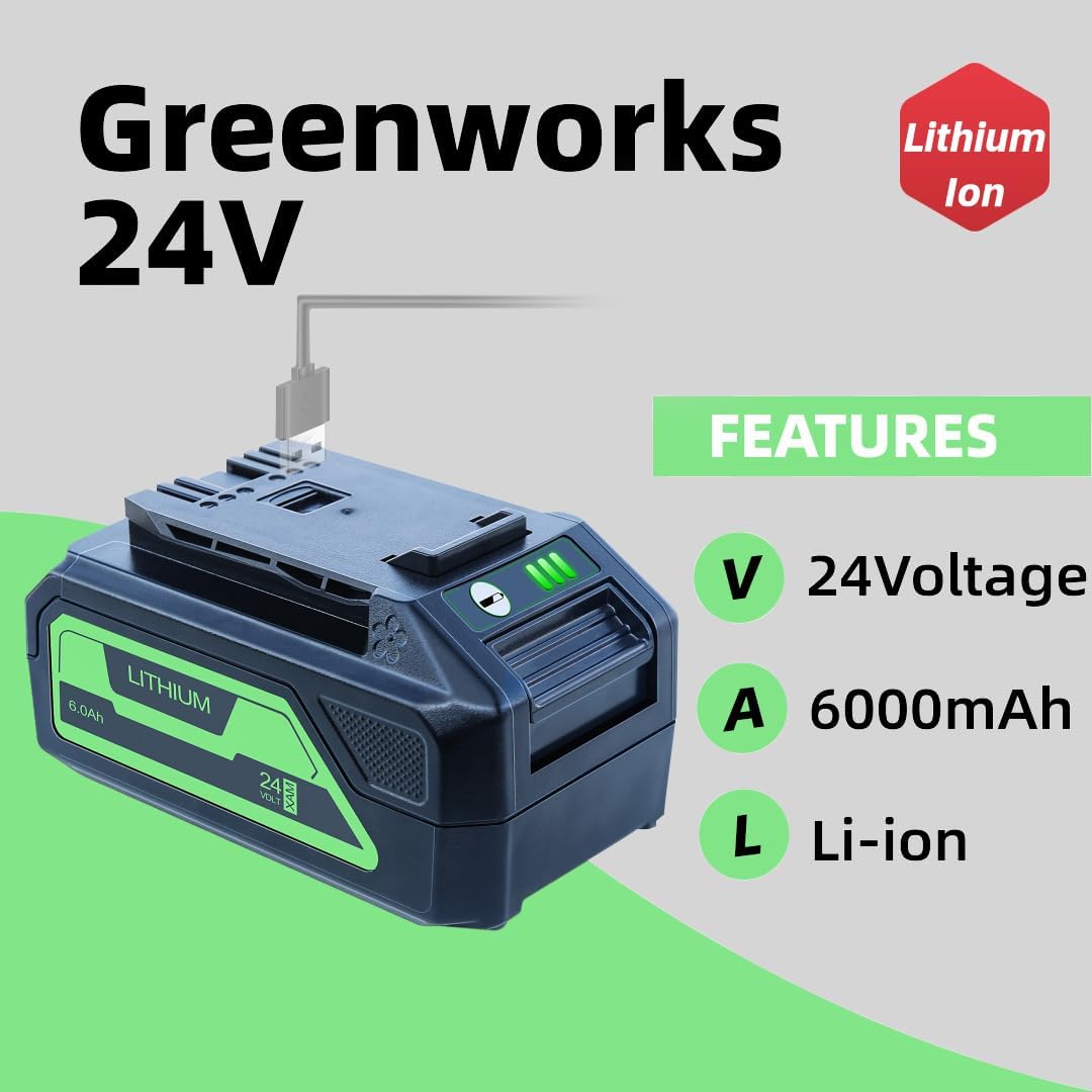 DTK Replacement for Greenworks 24V Battery 6.0 Ah 29842 29852 BAG709 BAG710 Fit 20352 22232 2508302 Tools 2 Packs with 5V 2.0Ah USB Output