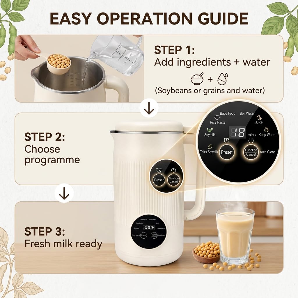 Machine à lait végétal 1200ml, 8-en-1 machine à lait de noix | Auto-nettoyage, préparez facilement lait d'avoine, soja, noix et boissons végétales maison avec une seule machine