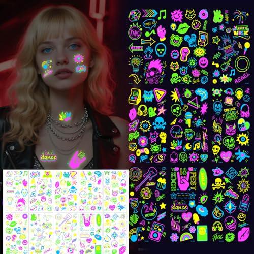 10 Sheets Glow in Dark Temporary Tattoos Stickers that React to Neon UV Black Light Neon Fluorescent Designs Crazy Music Festival Luminous Theme Party Tattoos Supplies