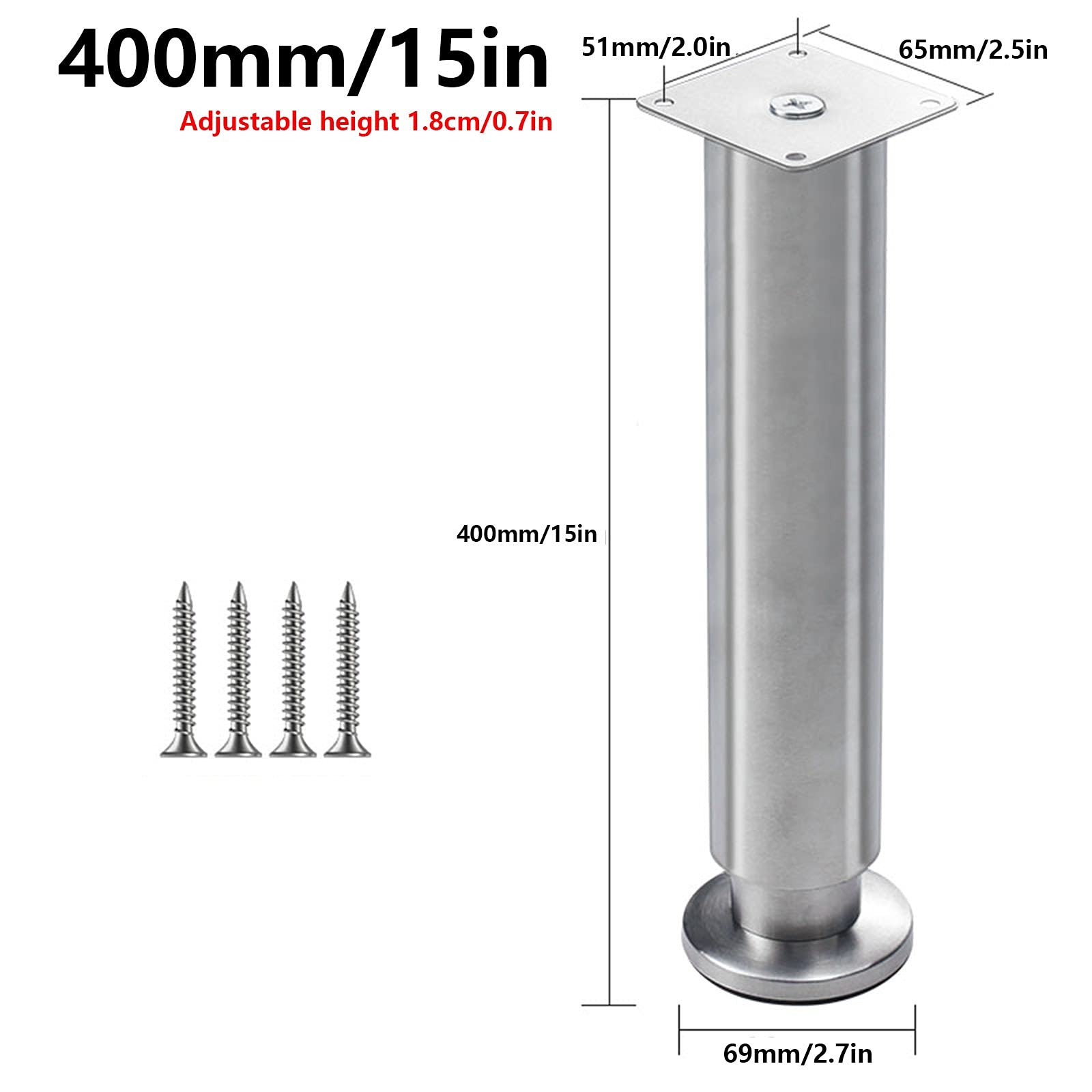 4 piedini regolabili moderni in acciaio inox per mobili, resistenti, per tavolino/armadio/divano, gambe di supporto per tavolino da caffè/mobile TV (dimensioni: 400 mm)