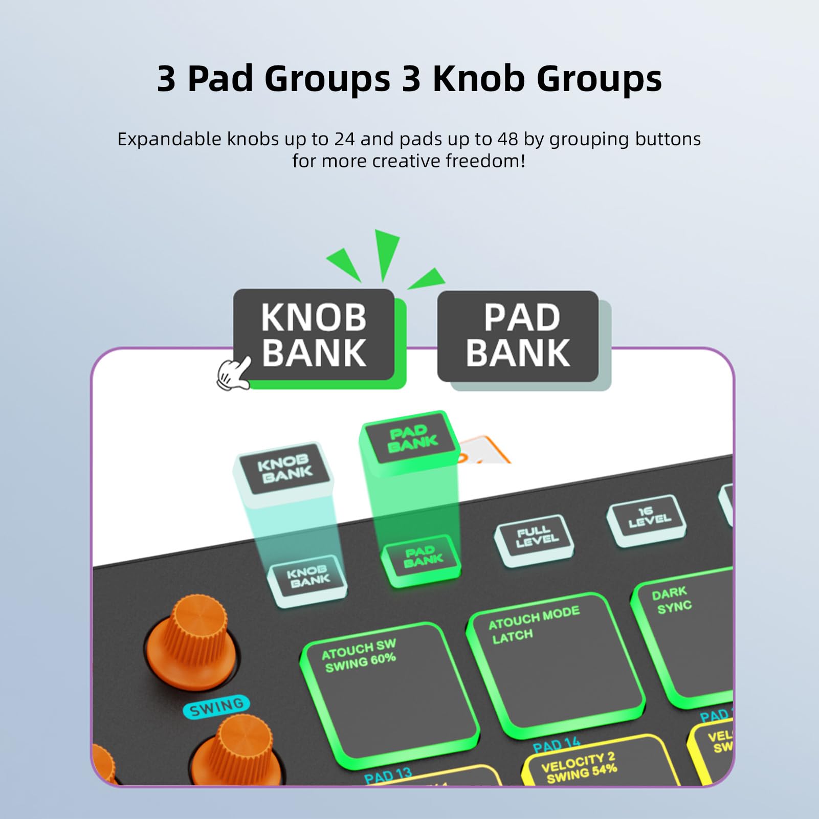 Controlador MIDI, 16 Pads RGB 8 Perillas 6 Botones Personalizables Batería Inalámbrica Recargable de 2000mAh, con Conexión USB MIDI para Profesionales Principiantes en (Negra)
