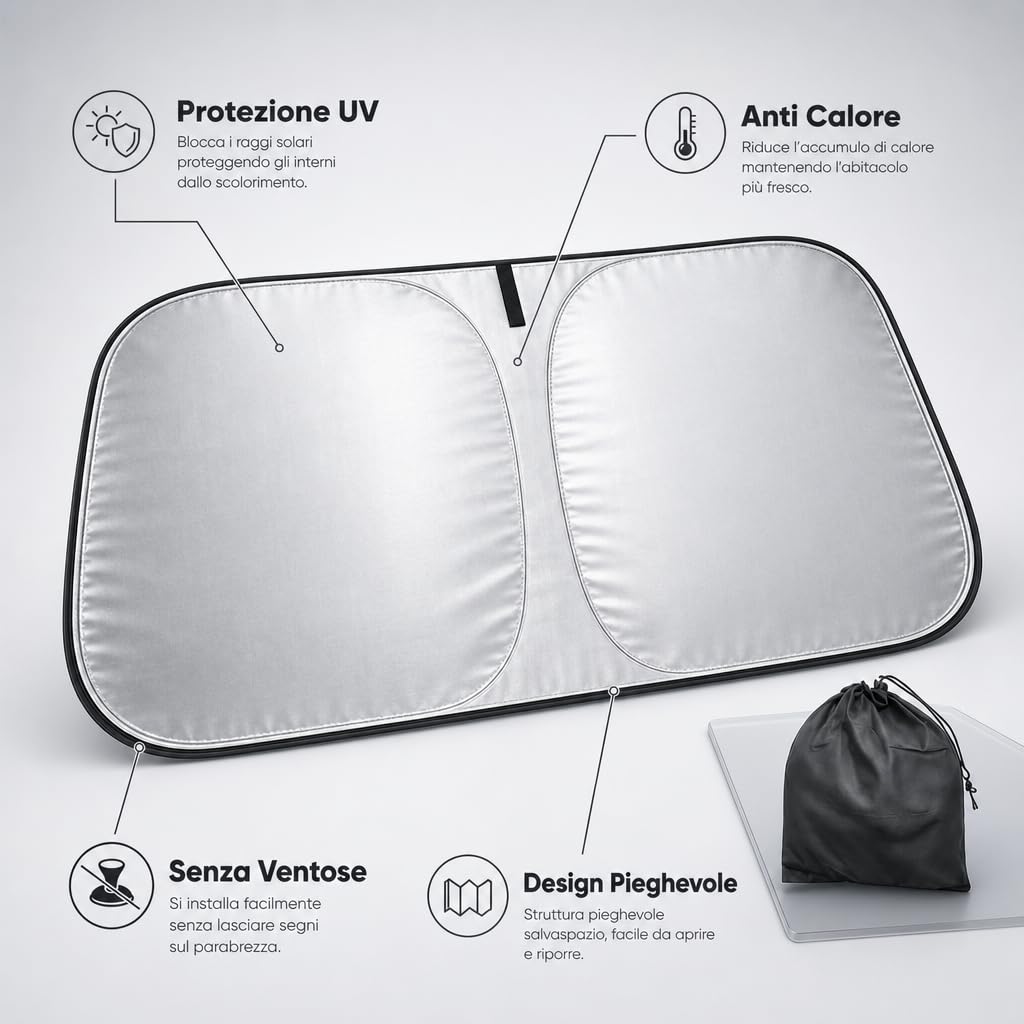 PRISMAL Parasole Auto Parabrezza Interno - Protezione UV e Anti Calore - Tendina Parasole Pieghevole Universale - Copri Parabrezza Riflettente Senza Ventose (145x80 cm)