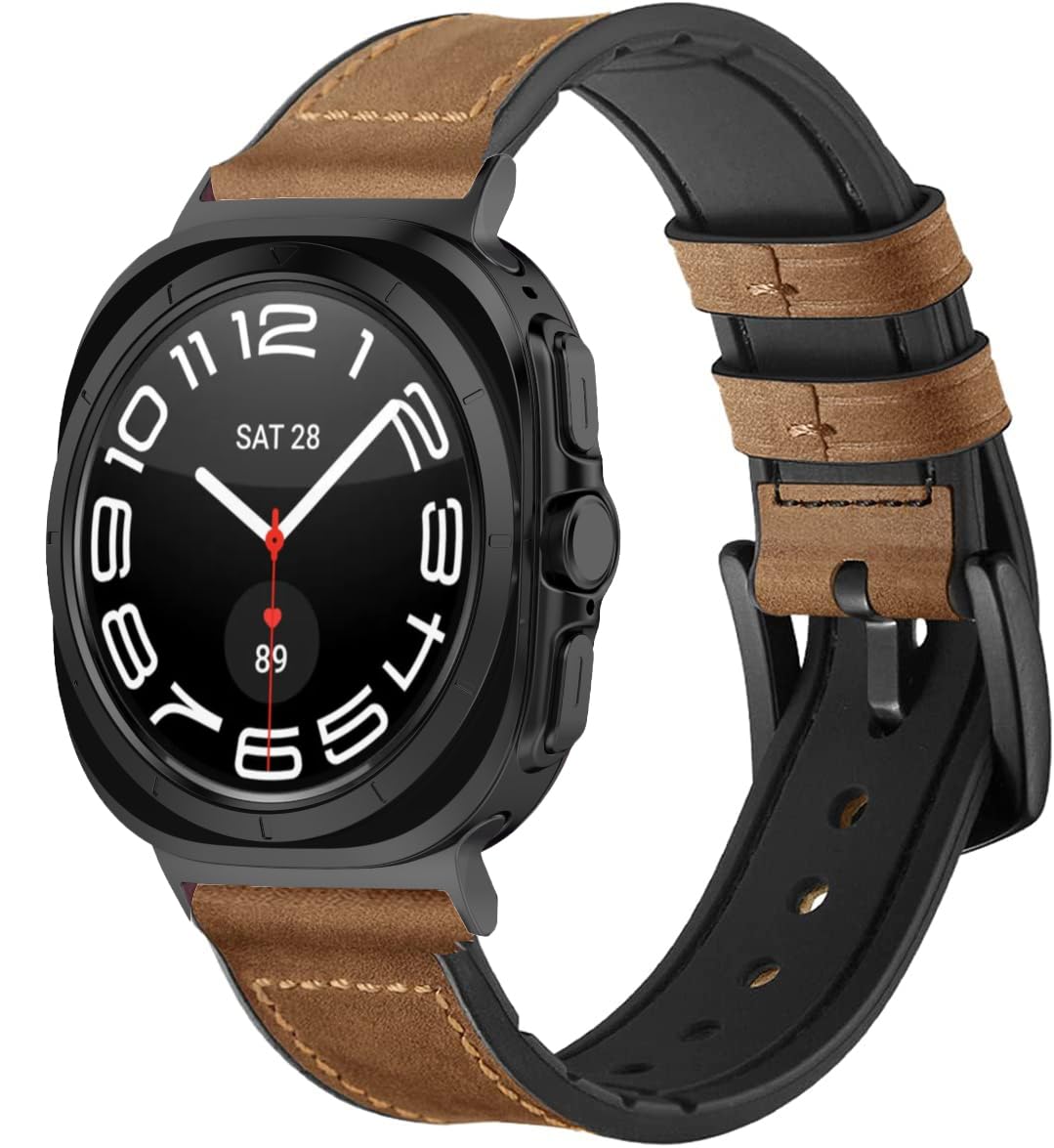 OTOPO for Samsung Galaxy Watch 7 Ultra Bands Men Women, No Gaps Soft Genuine Leather with Silicone Sweatproof Wrist Strap with Stainless Steel Buckle for Galaxy Watch 7 Ultra Smartwatch