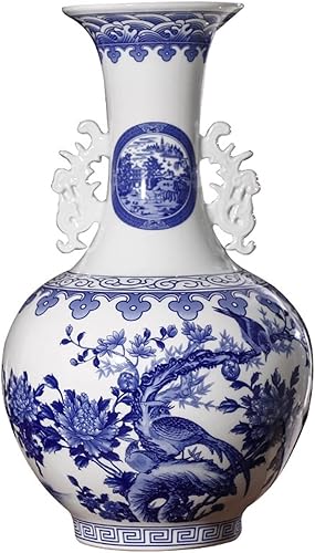 Moisture Jarrones decorativos de cerámica de estilo chino binaural pintados a mano, jarrones de porcelana grandes de 19.6 pulgadas, florero
