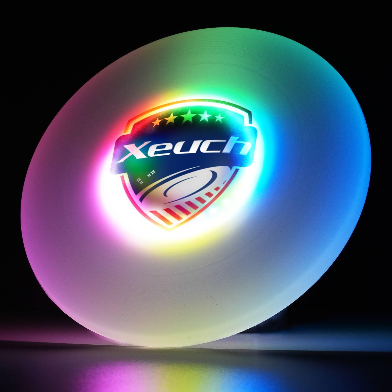 Xeuch Light Up Flying Disc, 175g Glow Disc with 30 RGBs, 16 Lighting Modes, 4 Brightness, 600mAh Rechargeable Battery, Built-in Timer and Sensor for Competitive & Casual Play, Gift for Men/Boys/Teens