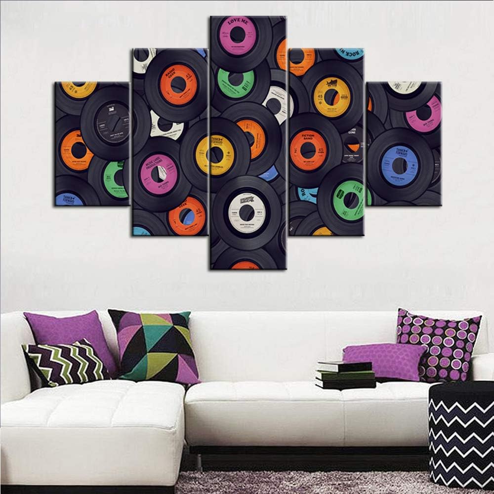 Vinyl Records Music Wall Art Abstract Artwork Canvas Prints Art Home Decor for Living Room Bedroom Modern Still Life Pictures Gift 5 Panel Large Posters HD Printed Painting Ready to Hang - 60"W x 40"H