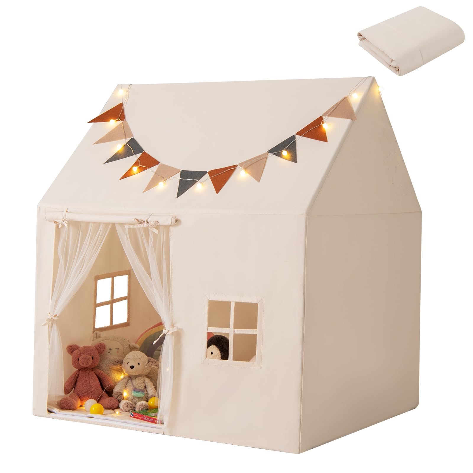 HOMASIS Kinderzelt für Indoor, Spielhaus mit 20 Sternlichtern & Matte & 2 Fenstern & Vorhang & 12 Flaggen, Spielzelt Prinzessin Zelt für Mädchen & Jungen, Tipi Zelt Kinderhaus Kinderzimmer, Beige