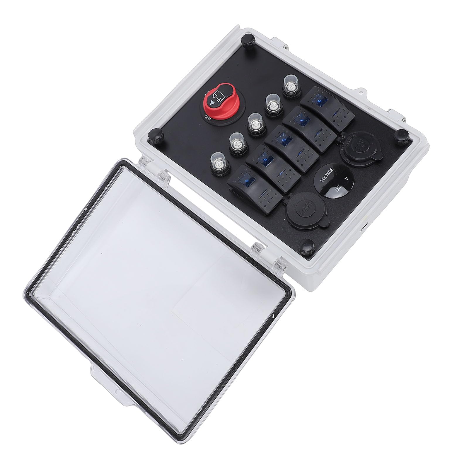 Caja de Interruptor Basculante de 5 Bandas con Enchufe de Encendedor para Camión RV ATV, Diseño a Prueba de Agua, Caja de Panel de Interruptor de Voltímetro LED, Material Plástico ABS,