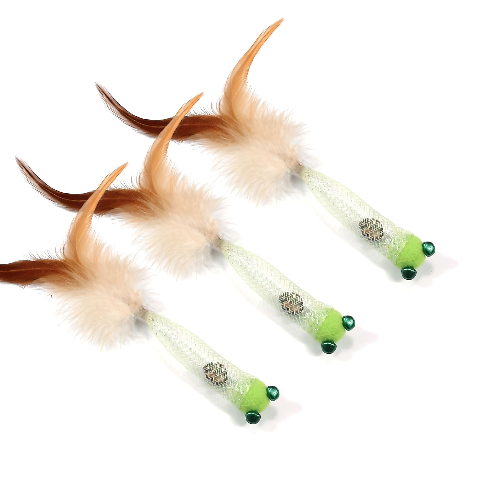 Mooipur 3 Refills Toy Set for Cat Wand Toy, Green Fish Cat Toys with Natural Feathers, Soft & Elastic, Shiny Mesh, Ideal for Interactive Indoor Kitten Play