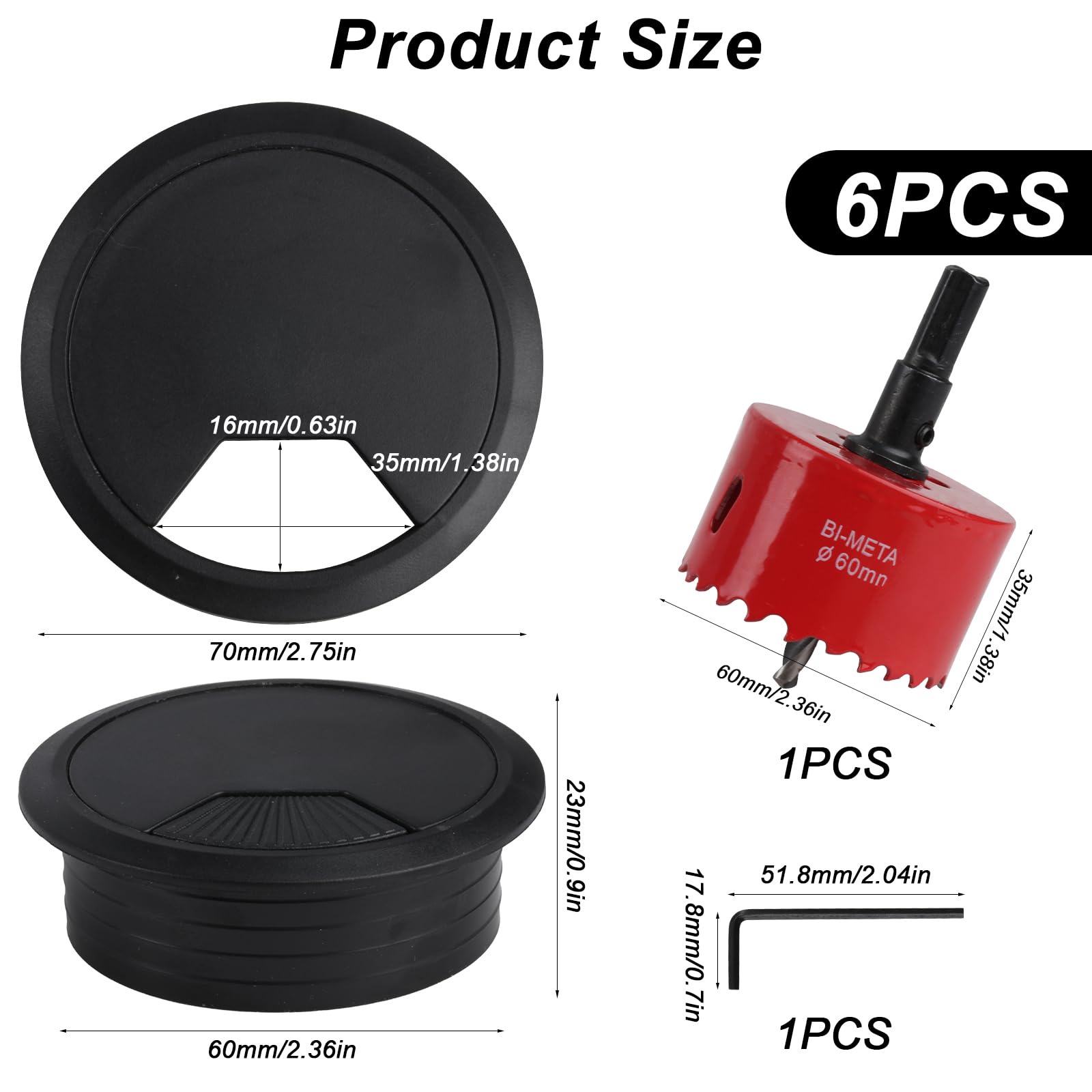 Wiertło do otwornic 60 mm i 6 szt. okrągłych otworów na biurko, czarne 60 mm osłony otworów na biurko, plastikowe przelotki na biurko, metalowe otwory HSS, plastikowy przewód biurkowy, osłona otworu
