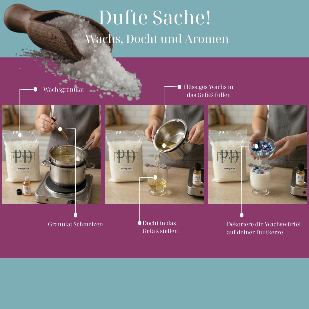 PD mach's selbst PAUL & DANIELA Kerzen gießen Set, bis zu 20Kerzen, 2,2 kg Wachs zum gestalten, Kerzen selber machen, Wachswürfel, Kerzenwachs Set, Wachsreste, Kerzenfresser und Dauerbrenner