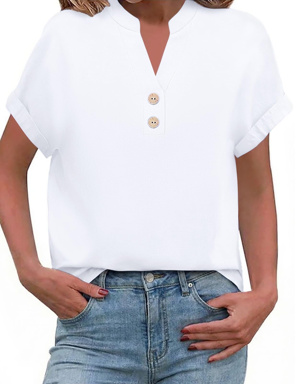 PASUDA Camicia Estiva Donna Blusa Lino Elegante Camicetta Manica Corta Camicia Scollo a V Button Down Camicia Tinta Unita Classico Top Estive T Shirt