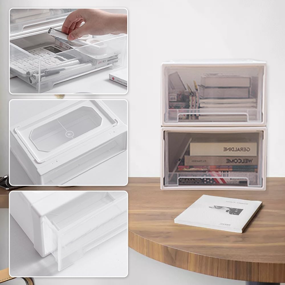 Set Di 2 Cassettiere Impilabili In Plastica – 27,5x18,5x10 Cm, Bianche, Per Casa, Ufficio E Scrivania