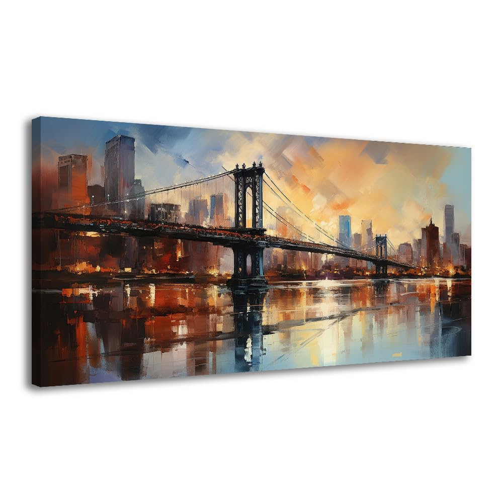 Canvas Wall Art for Bedroom Abstract Cityscape Canvas Painting Brooklyn Bridge Wall Art Modern New York City Abstract Canvas Painting Framed Colorful NYC Skyline Picture for Living Room Home Decor