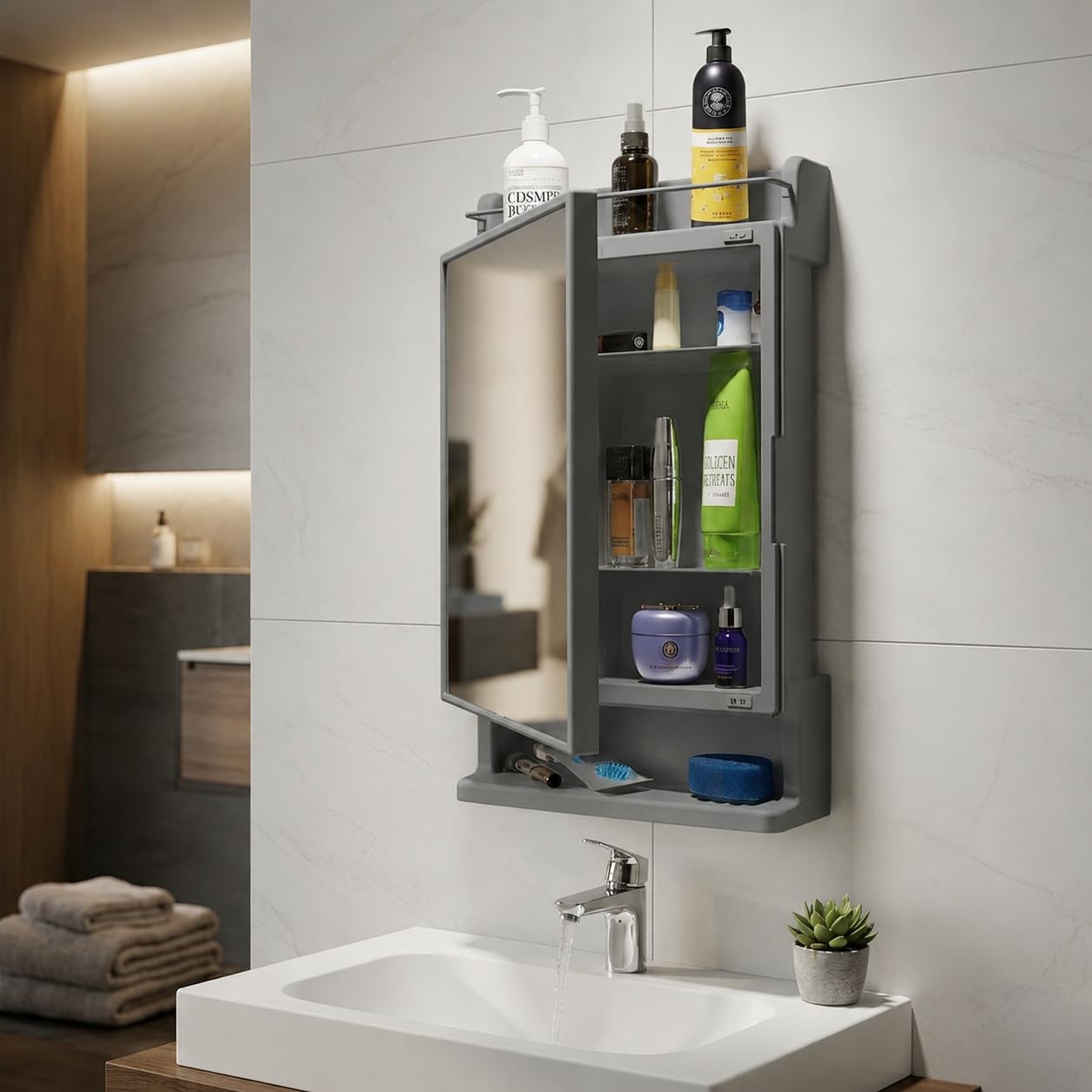CIPLA PLAST Rich Look Bathroom Cabinet with Mirror White | Storage Organiser | Strong Plastic Bathroom Shelves Wall Mounted | Bathroom Accessories| Mirror Cabinet- (Made in India) (Metallic Grey)-image-20