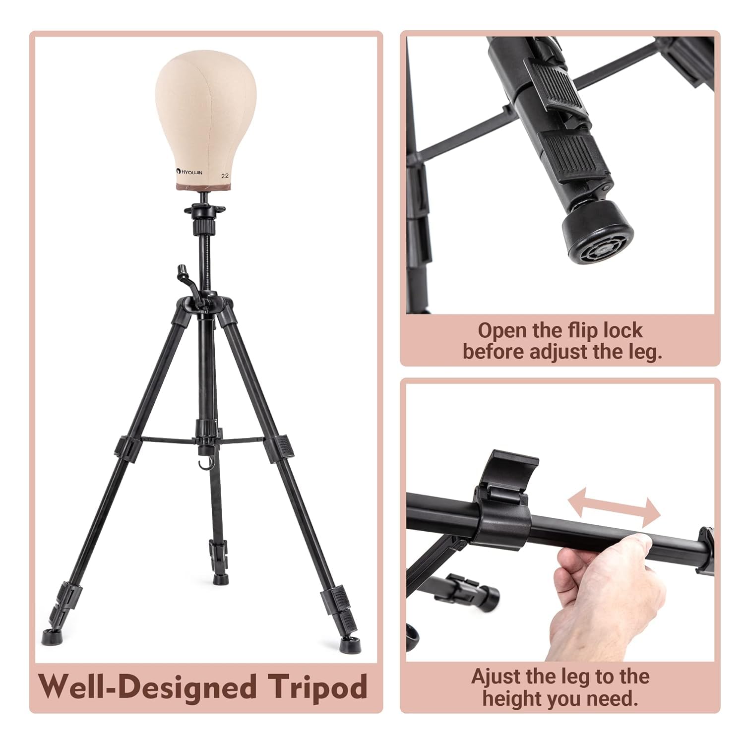 HYOUJIN Heavy Duty Wig Stand with Mannequin Head,Heavy Wig Stand Tripod Metal Adjustable Holder for Mannequin Head,Canvas Block Head with Wig Caps,T-PIN,C Needles,Clips,Carrying Bag, Rattail Comb(19.5"- 51.6")