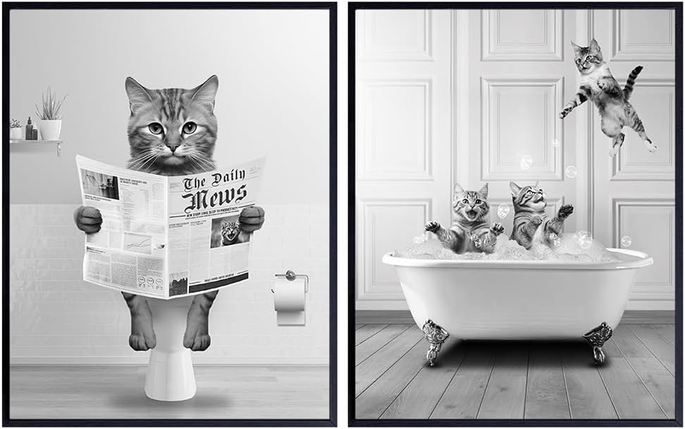 Cat Themed Wall Art & Decor - Kids Bathroom Set - Cute Cat Lovers Gifts - Funny Bathroom Decor - Kitty Poster Wall Collage - Bath Accessories for Men Women Girls Boys - Gray Bath Decoration