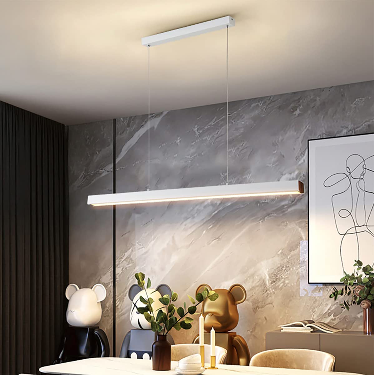 kinkiety， Lampa wisząca LED, ściemnialna, regulowana wysokość, pilot, liniowy(White,120CM/48W)
