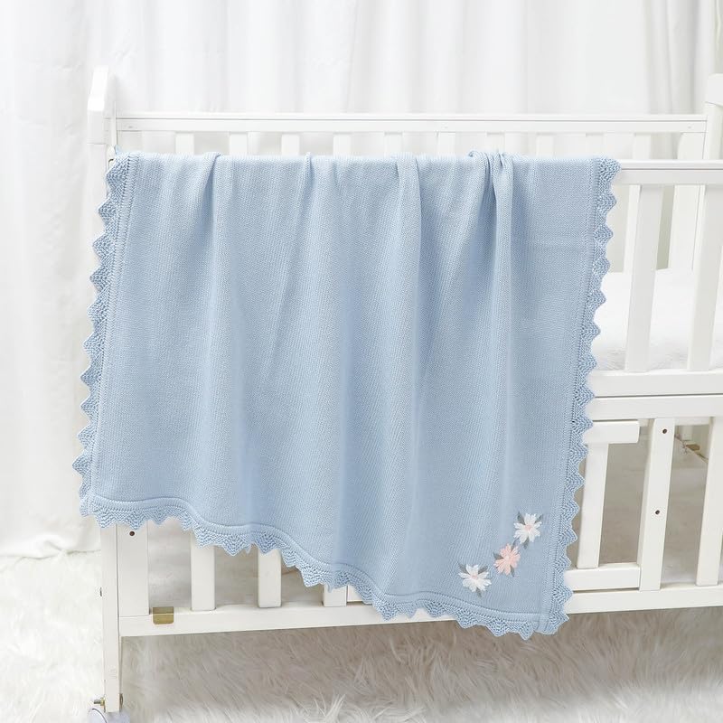 LAWKUL Baby Blanket 100% Traceable Cotton Knit Receiving Blankets Infant Swaddle for Newbron Boy Girl 100X80cm (Blue Floral) - Image 2