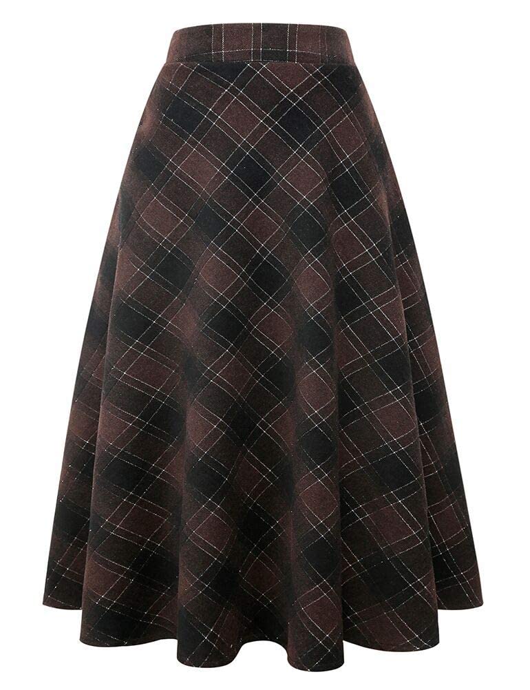 Ylingjun Long Plaid Wool Skirt for Womens Winter Fall Warm High Elastic Waist A line Flared Pleated Wool Tartan Skirts, Coffee 02, Medium