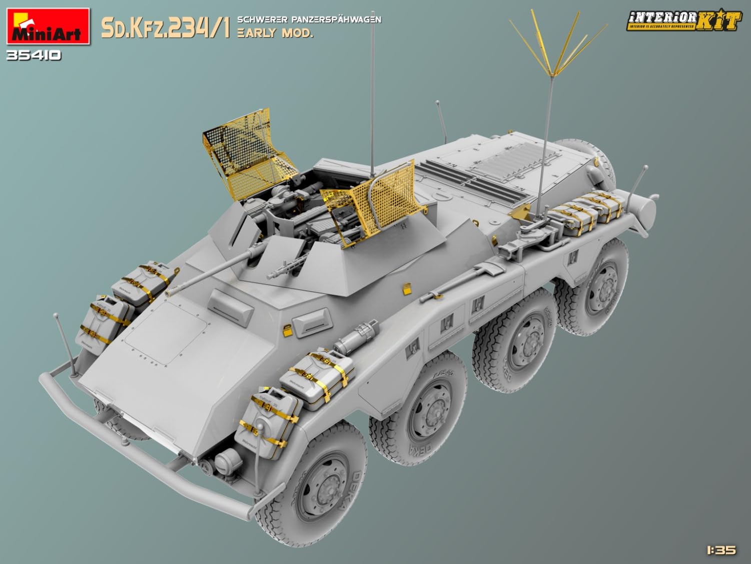 Mini Art 35410 1:35 Sd. Kfz 234/4 Pancerspähwag z Int. - wierna replika, modelarstwo, plastikowy zestaw do montażu, majsterkowanie, hobby, klejenie, zestaw modelarski, montaż, nielakierowany