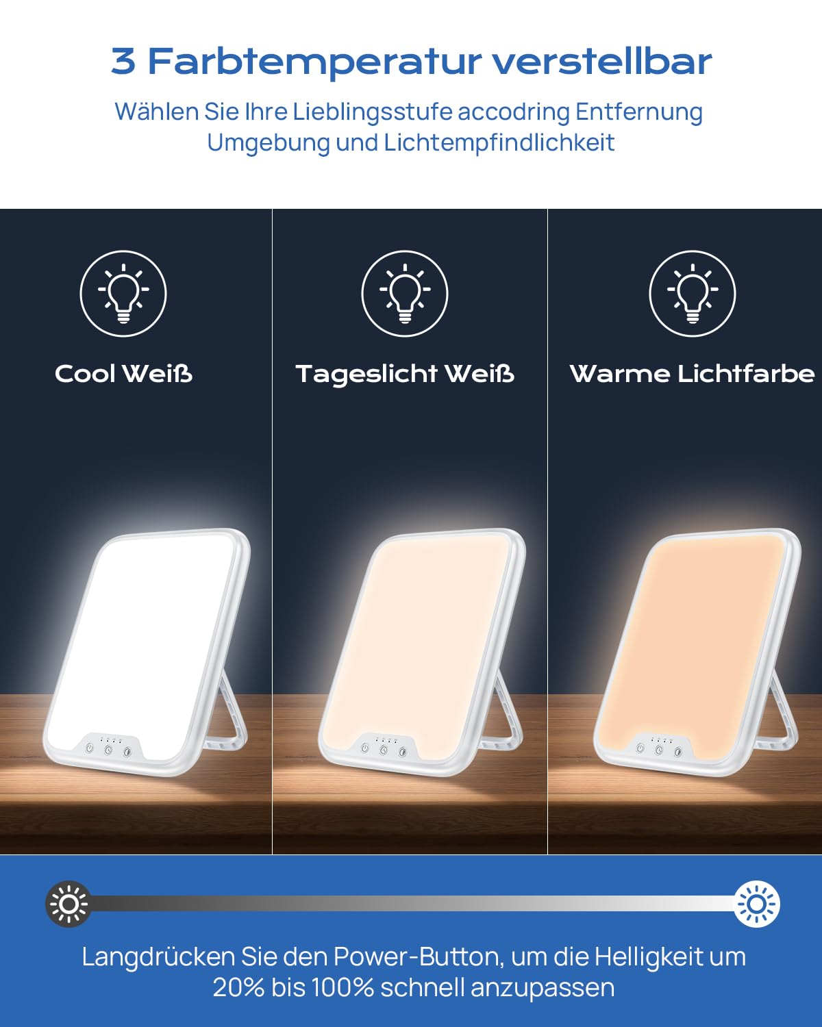 Tageslichtlampe 10000 Lux UV-Frei Sonnenlicht Lampe für Depressionen, Lichttherapielampe mit Memory Funktion, 4 Timer, 3 Farbtemperaturen, Stufenlose Helligkeit, Faltbar