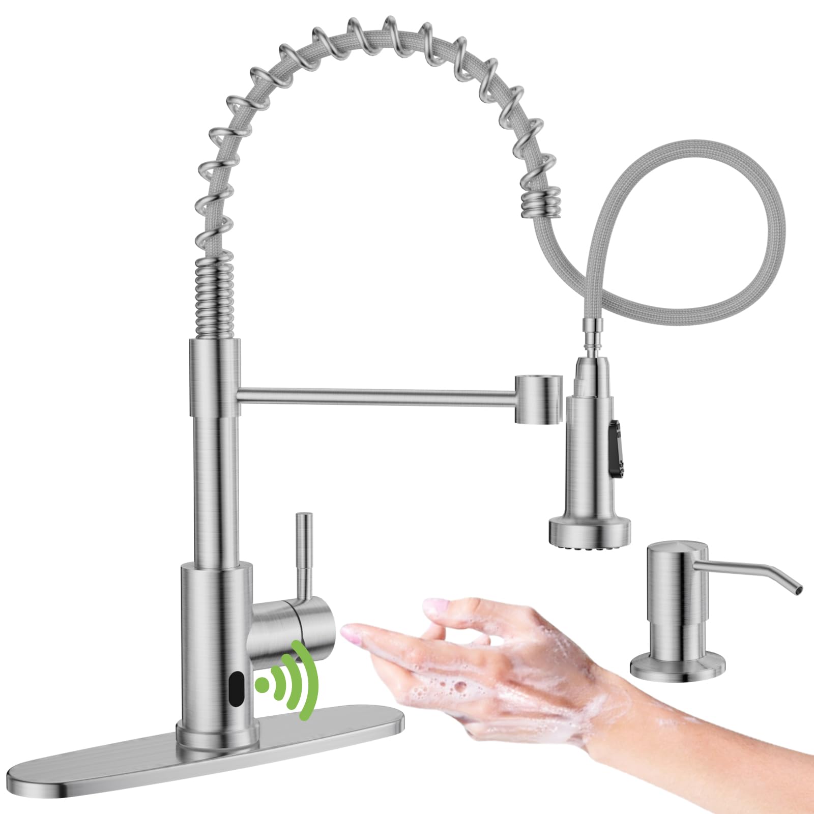 APPASO Touchless Kitchen Faucet with Soap Dispenser, Motion Sensor Activated Hands-Free Automatic Faucet for Sink with Pull Down Sprayer, Single Handle Smart Faucets for Kitchen Sink, Brushed Nickel