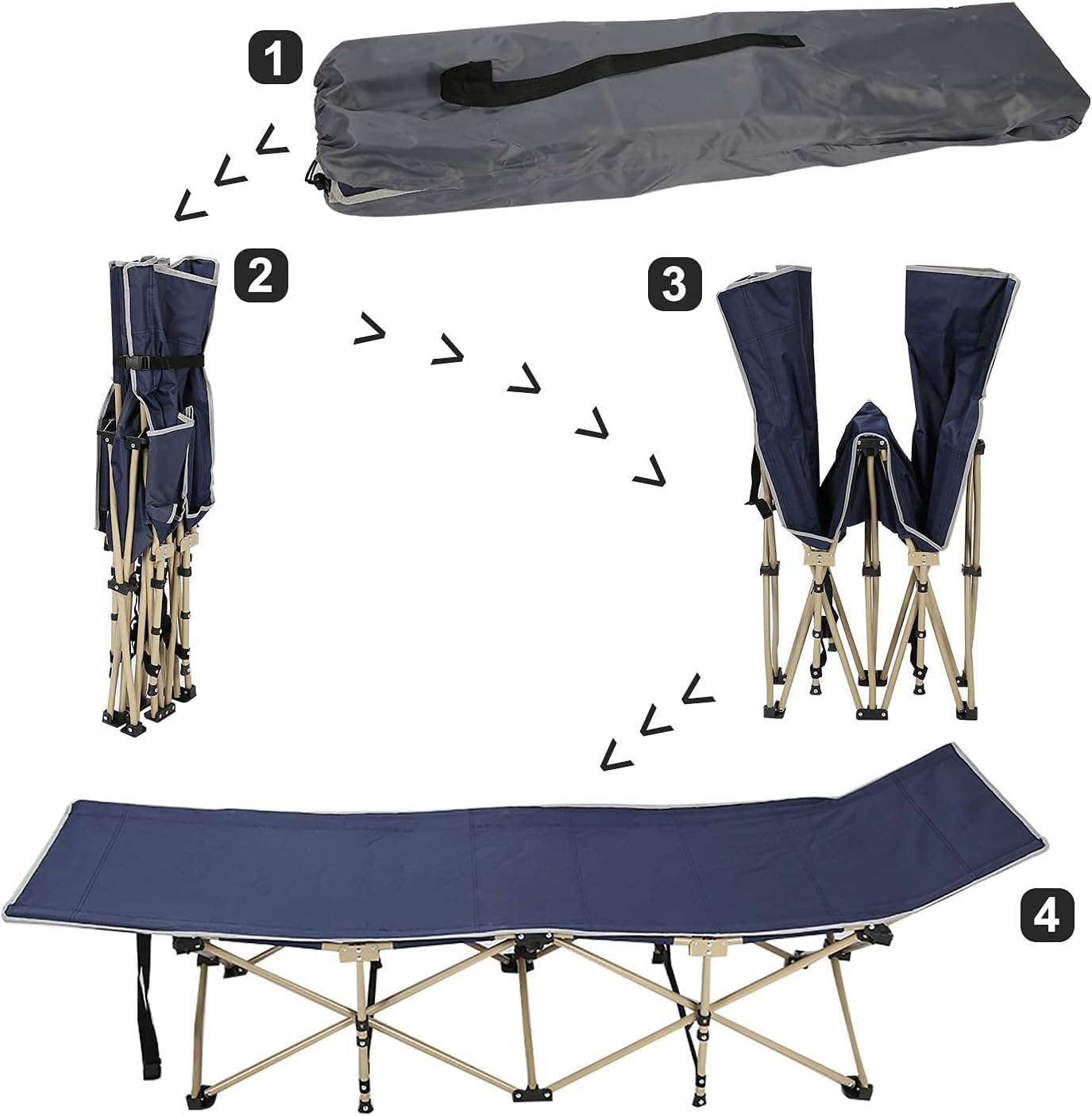 Campingbett Klappbar XL Feldbett 250kg Belastbar Faltbare Campingliege mit Seitentasche Tragbares Klappbett für Camping Outdoor Garten Strand Reise Gästebett Indoor Outdoor