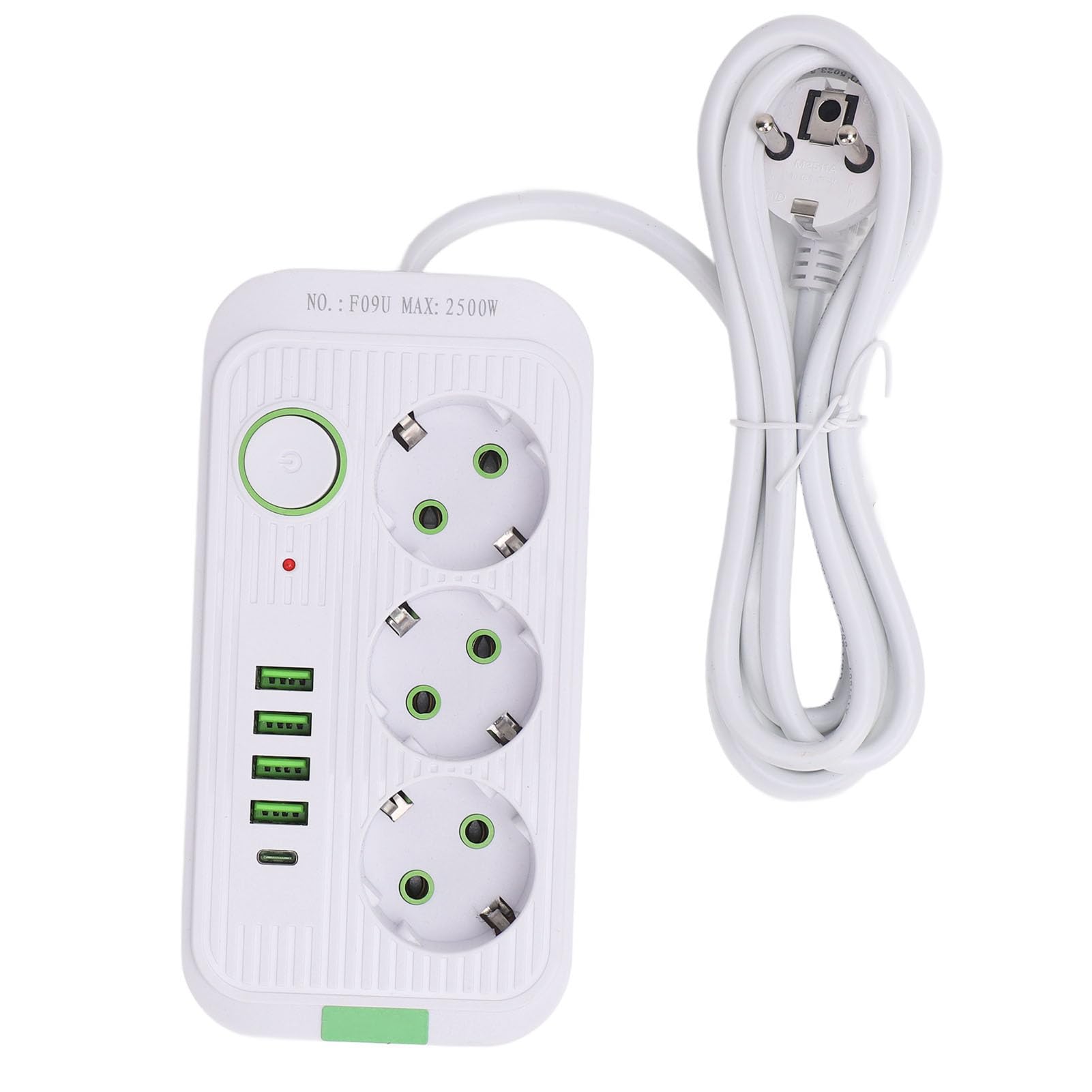 Regleta Europea con Toma de Corriente, Alargador de Enchufe con 3 Tomas, 4 USB y 1 USB C, Interruptor de Sobrecarga, Montaje en Pared, Cable de 2m, para Oficina, Dormitorio, (White)