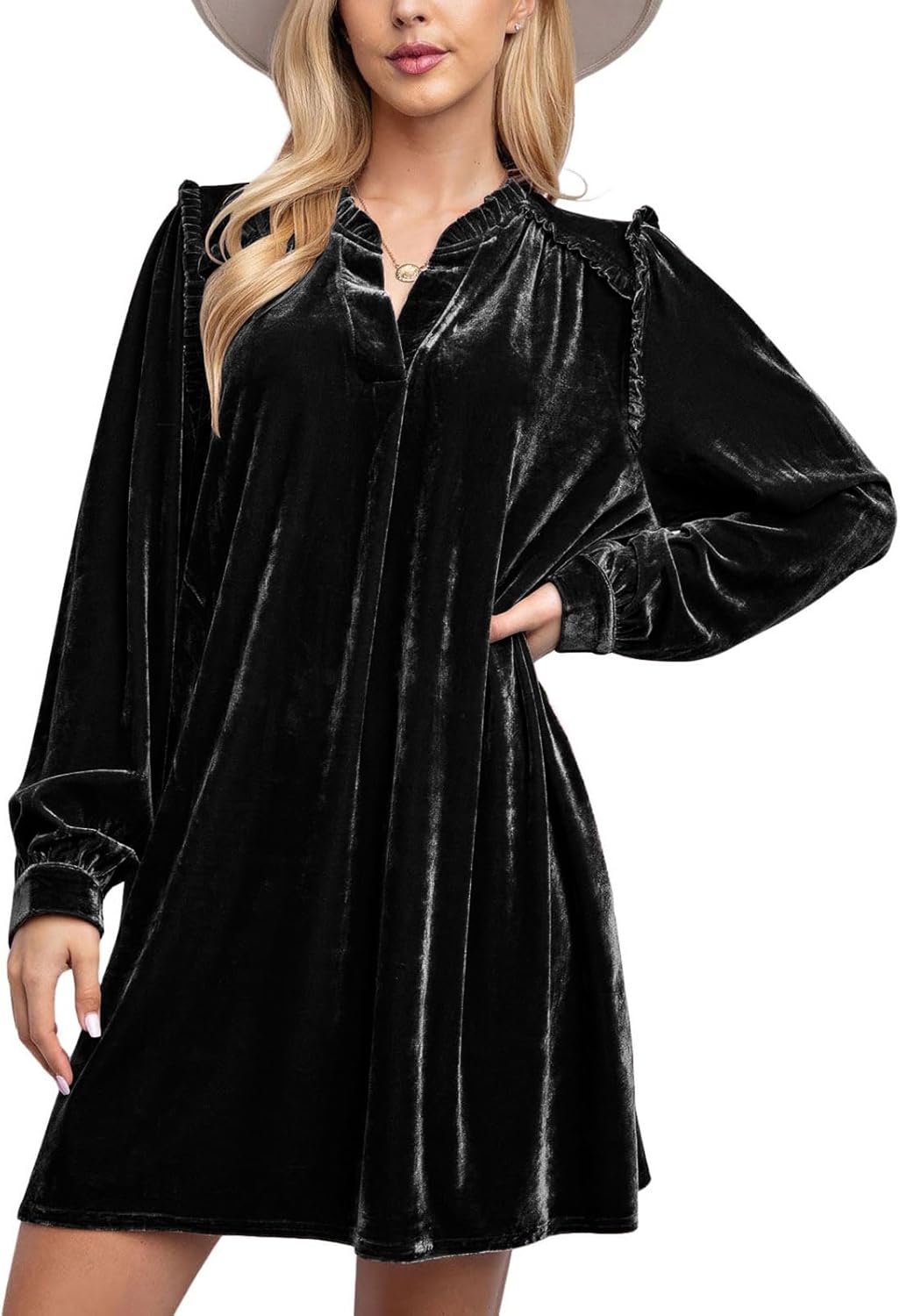 chouyatou Women's Long Sleeve Velvet Party Dress Frilly V-Neck Tunic Shift Short Dress with Pockets