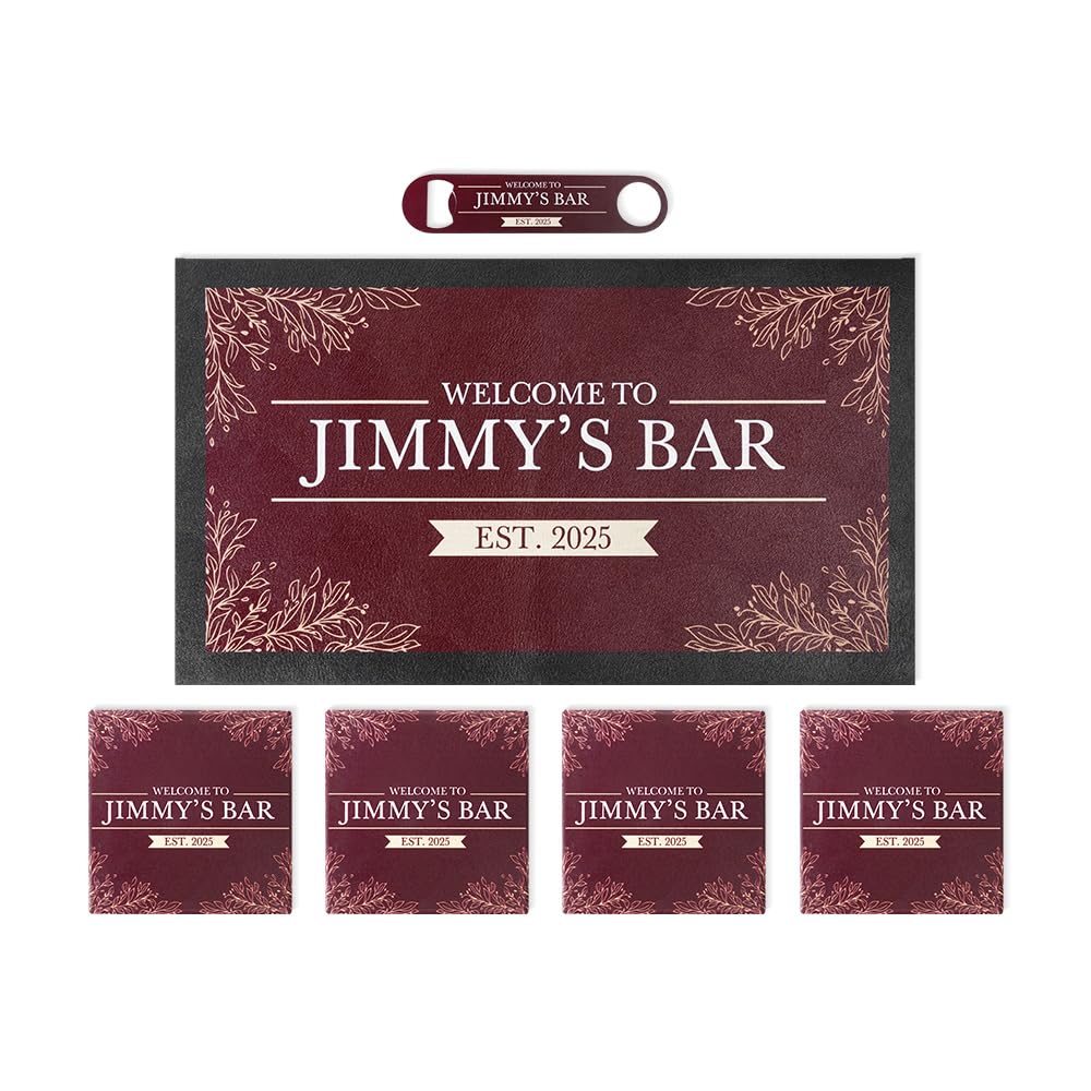 callie Personalized Bar Mat for Countertop, Cutomized Leaves Bar Mat Coaster Bottle Opener with Engraving Text, Father Day Birthday Gift for Bartender Cocktail Lovers (Retro Leaves)