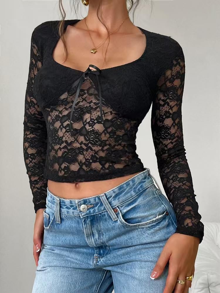 Y2K Lace Tops for Women Long Sleeve Slim Fit Mesh Shirt See Through Sheer Blouse Sexy Low Cut Going Out Crop Tops - Image 7