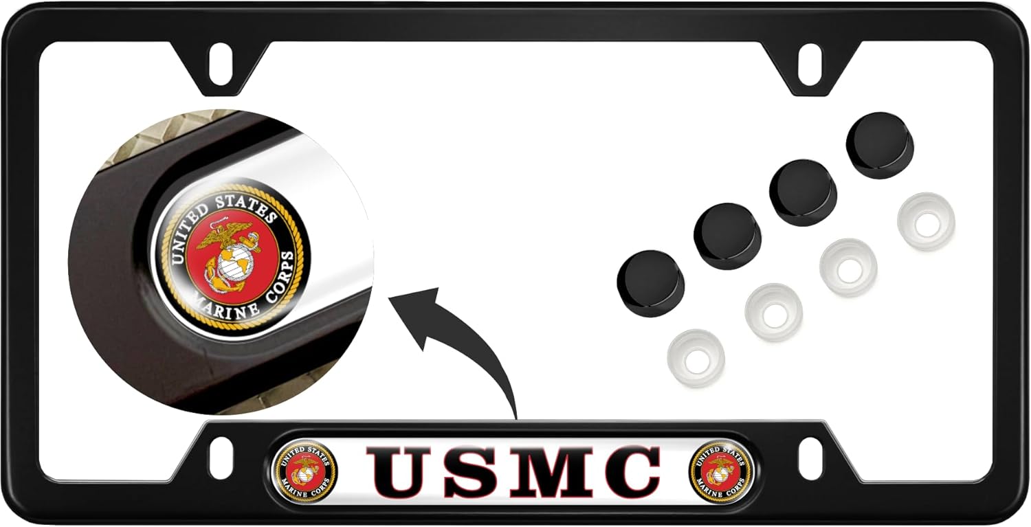 [Officially Licensed US Marine Corps Product] - USA Patriotic Anodized Aluminum Thin Top | Narrow Top Car License Plate Frame with USMC | Marines - White Insert with Free caps - Black