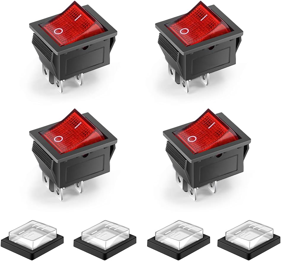 4 PCs Waterproof Rocker Switches ON-Off Boat Rocker Switch 4 Pin Red Light with Cover DPS AC 250V 16A 125V 20A for Electrical Machine Products, Red