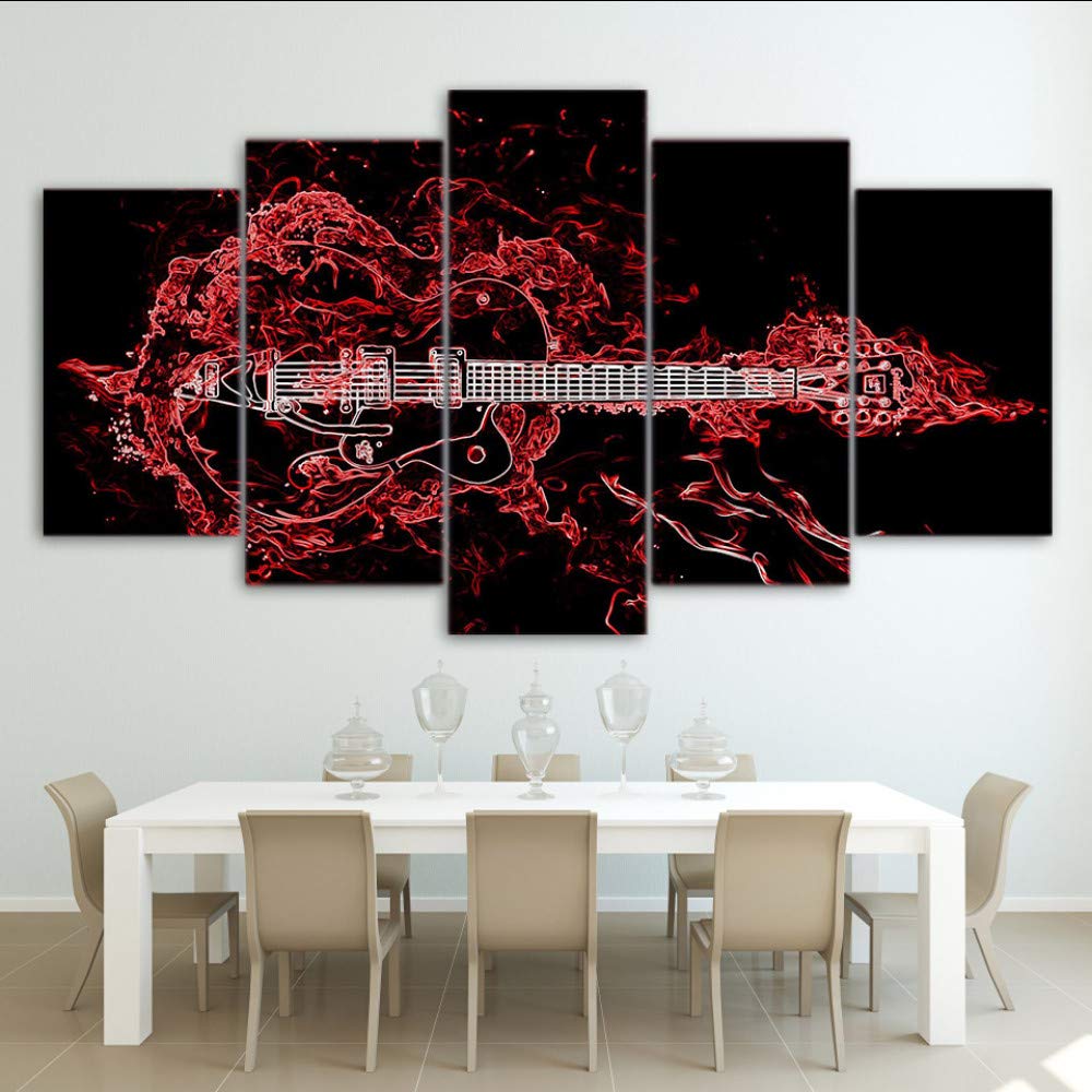 ljtao Home Decor Canvas Living Room Modern 5 Panel Abstract Red Guitar Music Printed Pictures Painting Wall Art Modular Poster Frame -40Cmx60/80/100Cm-Frame
