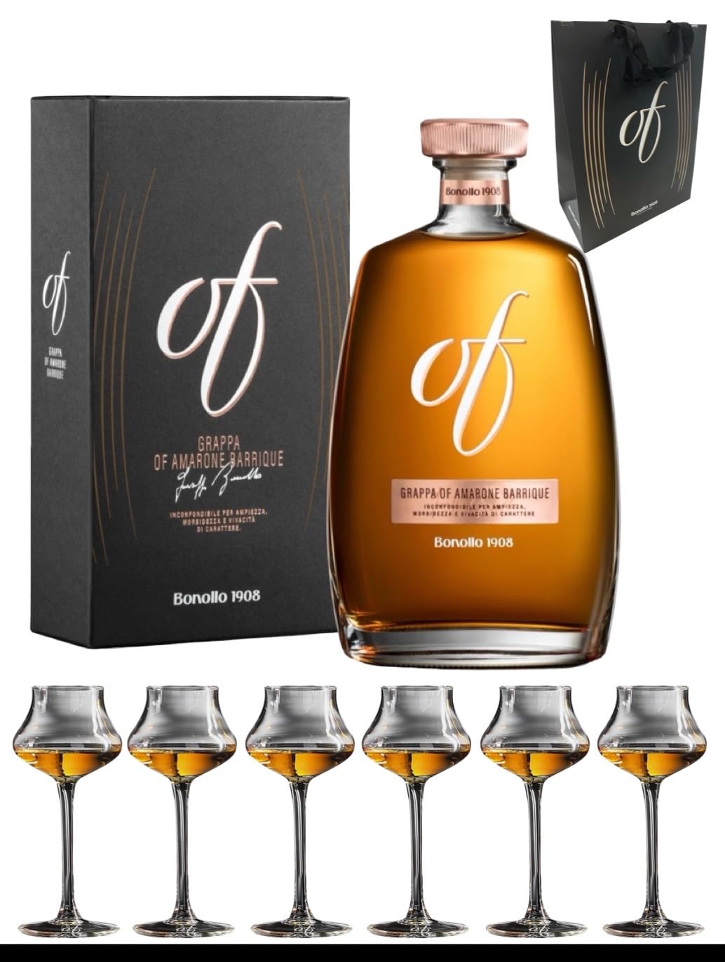 Bonollo Grappa di Amarone Barrique 0,70cl con Set 6 Calici da Degustazione Tulipano in Vetro marcato Of Bonollo in elegante shopper serigrafata