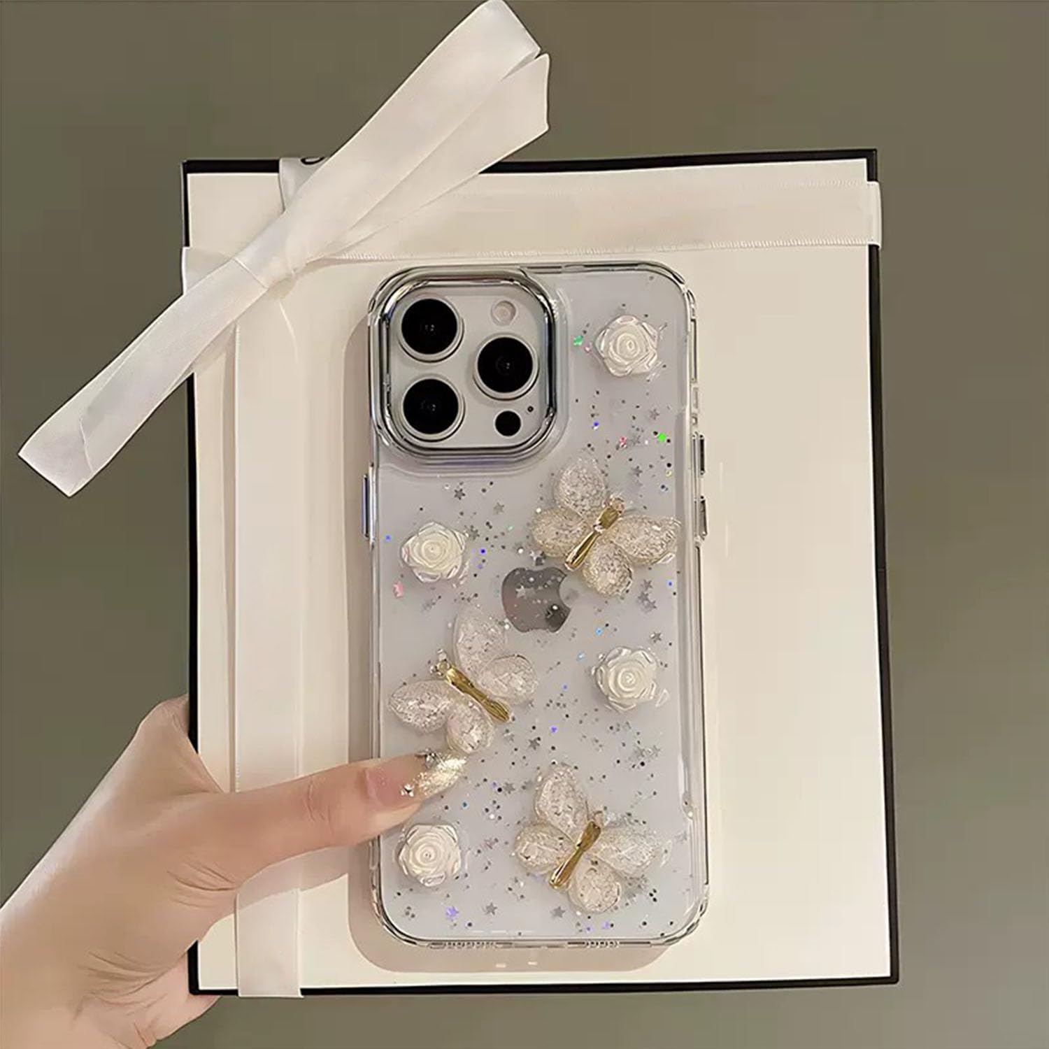 UEEBAI Sparkly Glitter Bling Case for iPhone 13 Pro Max, 3D Clear Aesthetic Cute Butterfly TPU Phone Flower Case - Image 4