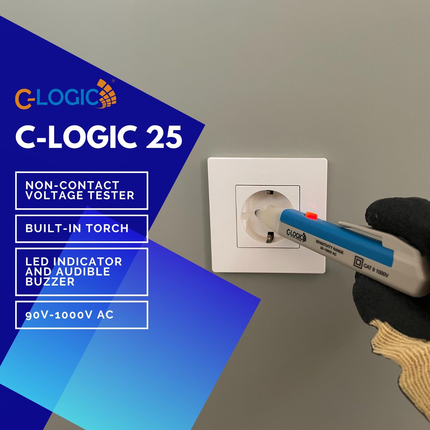 C-LOGIC 25 Detector de Voltaje Sin Contacto NCV Comprobador de Tensión con LED Rojo, Rango de 90V-1000V AC, Indicador Acústico y Visual, Detección de Roturas de Cables, CAT II 1000V