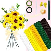 Pfeifenreiniger Blumen Set - 500 Stück Pfeifenputzer zum Basteln für DIY Blumenstrauß, mit Blumenstöcke,Anleitungen, Geschenkband, Staubgefäße und Blumentasche (Sonnenblumen)