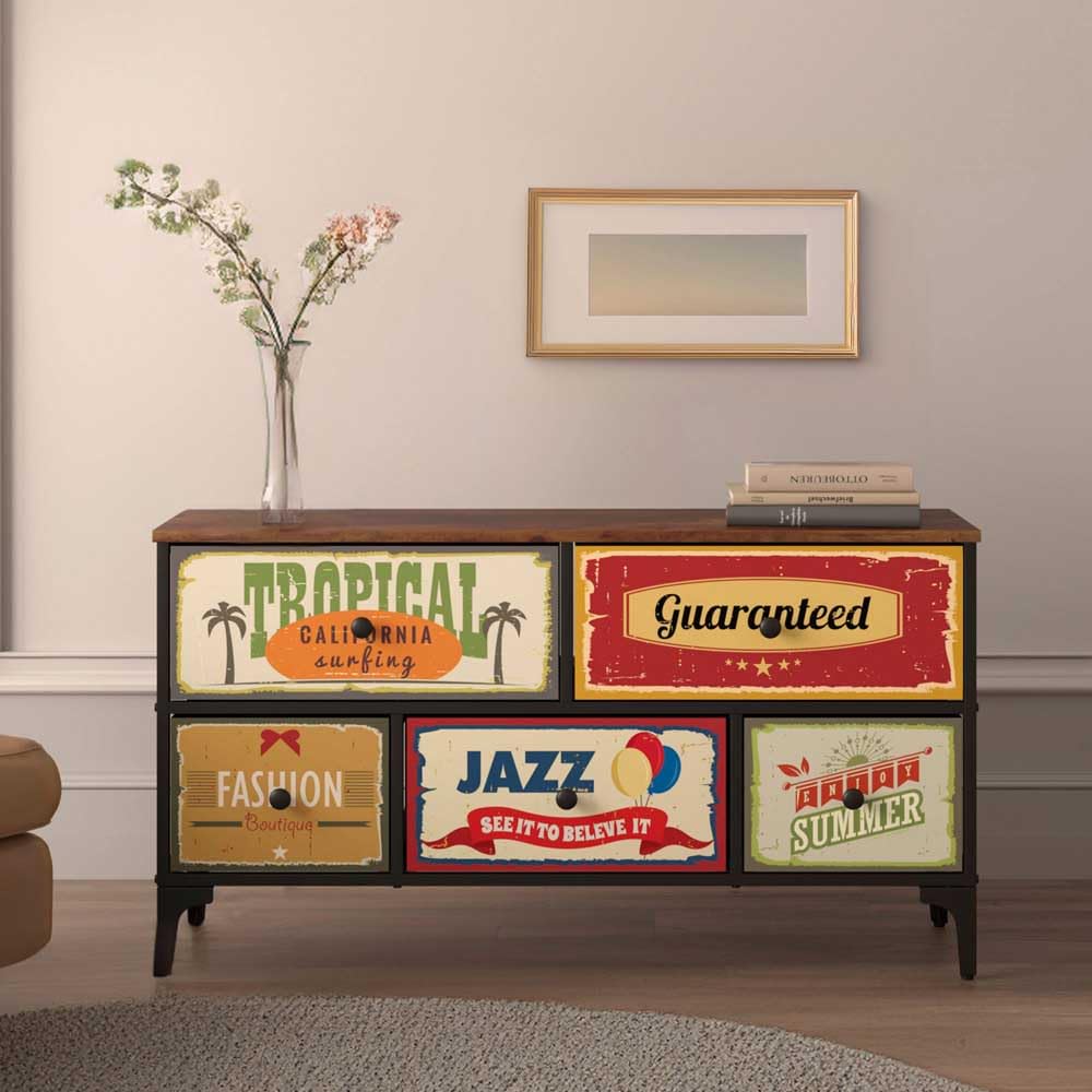 AKTIVE Max Home Comò multiuso per la camera da letto, Grafica retrò e vintage, 3 cassetti in tessuto leggero, 45x30x77 cm, Struttura in acciaio, Piano in legno