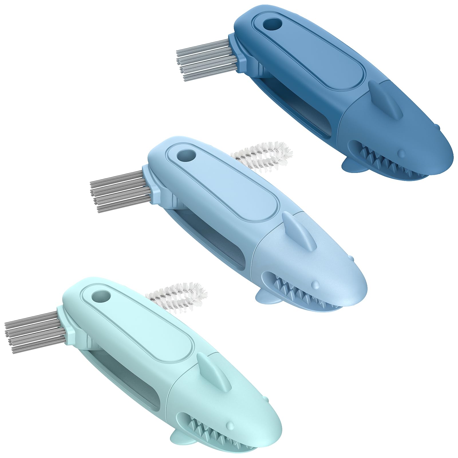 TQRR SharkBrush-3 in 1 Cup Lid Gap Cleaning Brush Set, 3Pcs Bottle Gap Cleaner Brush, Silicone Cup Lid Brush, Multifunctional Bottle Brush, Cleaning Tools for Home Kitchen Office (Blue) (3, Blue)