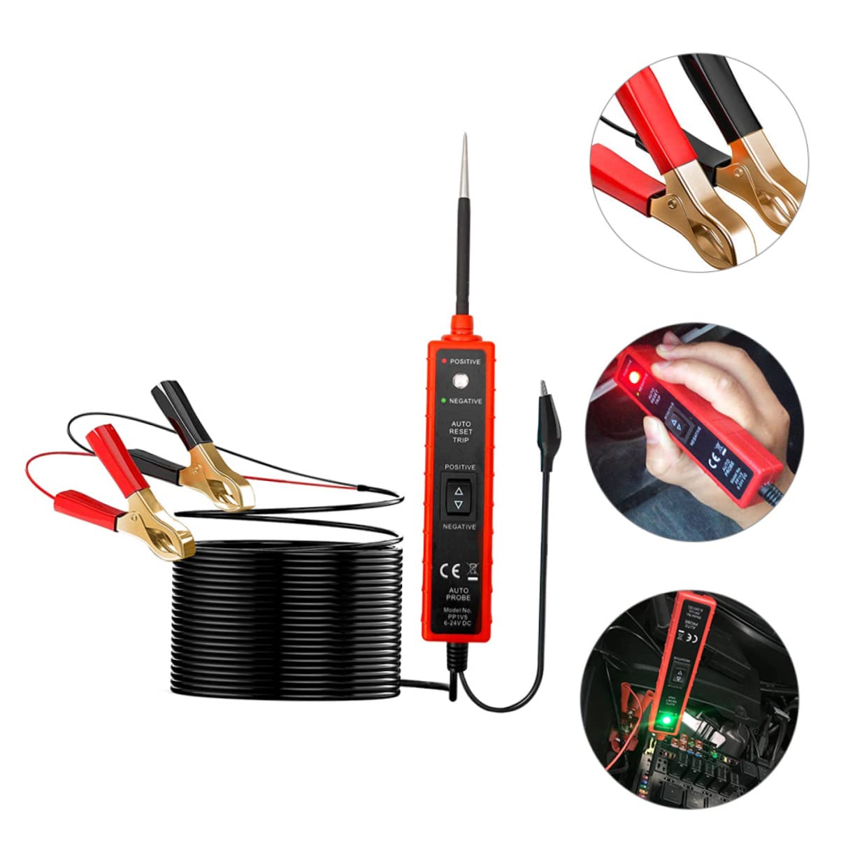 Comprobador de Circuitos Automotriz 6-24v Dc, Clips, Cable 16ft | ABS, Rojo y Negro, Conductividad, Diagnóstico, Enchufes, Sistema Eléctrico, 8A, Bornes Positivo y Negativo