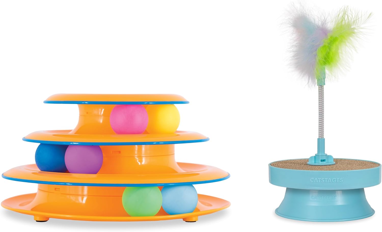 Bundle of Catstages Tower of Tracks Interactive 3-Tier Cat Track Toy with Spinning Balls + 2-in-1 Interactive Topper with Removable Feather Spring Swatter and Corrugated Scratcher